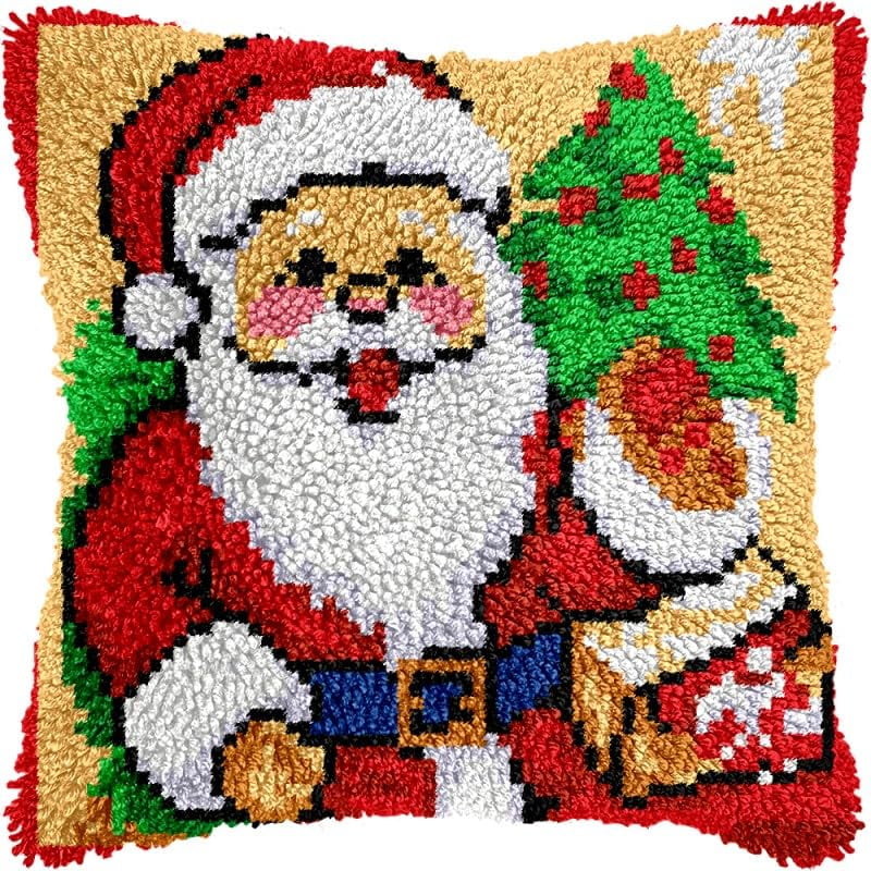 Santa Claus Man Latch Hook Pillow Kits Pillow Cover Pattern Printed Canvas Crochet Cross Stich Hooking Pillowcase Cushion Crafts Embroidery Latch Hooking Crochet Kits Set 17x17 inch(92)