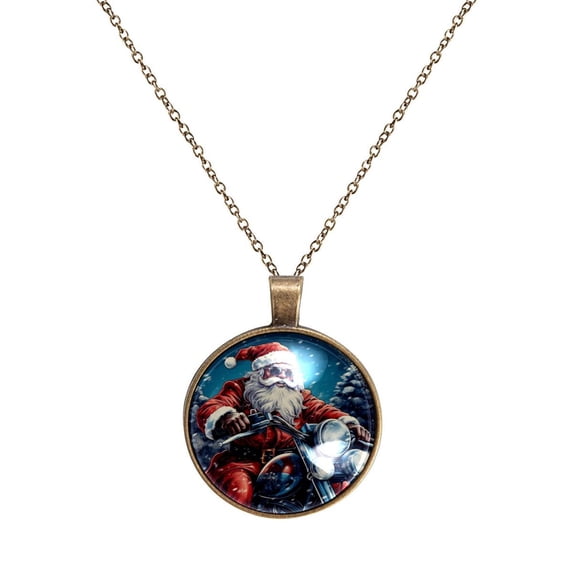 Santa Claus Motorcycle Necklace Personalized Custom Photo Round Pendant Adjustable Stainless Steel Necklaces with Gift Box for Men Women Mothers Valentine's Jewelry Gift