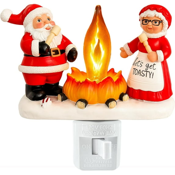 Santa Claus & Mrs. Claus Christmas Campfire Flickering NightLight,Cute Swivel Plug-in Figurine Lamp for Holiday Decor, Indoor. Campfire Night Light with Flicker Bulb,Figurine Light