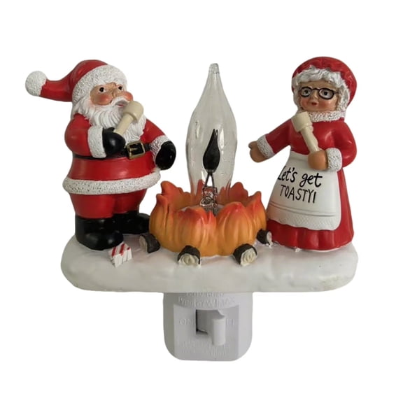 Santa Claus & Mrs. Claus Christmas Campfire Flickering NightLight,Cute Swivel Plug-in Figurine Lamp for Holiday Decor, Indoor. Campfire Night Light with Flicker Bulb,Figurine Light