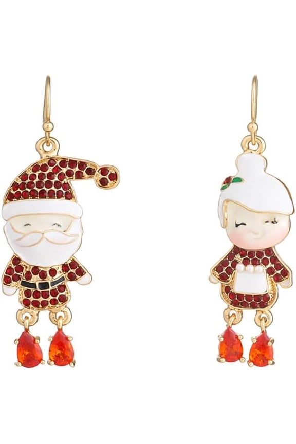 Santa Claus and Mrs Claus Christmas Ornament Hook Hoop Earrings for Women - Enamel Dainty Cubic Zirconia Crystal Xmas Holiday Festival Costume Dangle Drop Earring Asymmetric Cute Huggie Jewelry