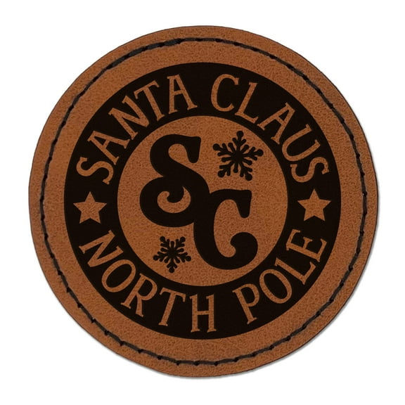 Santa Claus North Pole Christmas 2.5" Faux Leather Round Engraved Iron-On Patch - Brown