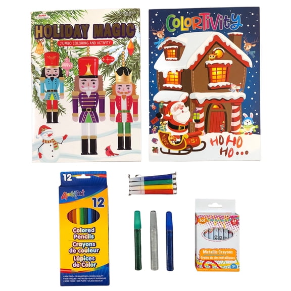 Santa Claus Nutcracker Rudolph Reindeer Christmas Fun Coloring and Activity Christmas Gift Craft Books, 3-Glitter Glue, 12-Colored Pencils, 4 Markers, With FREE Christmas gift bag for All Kids