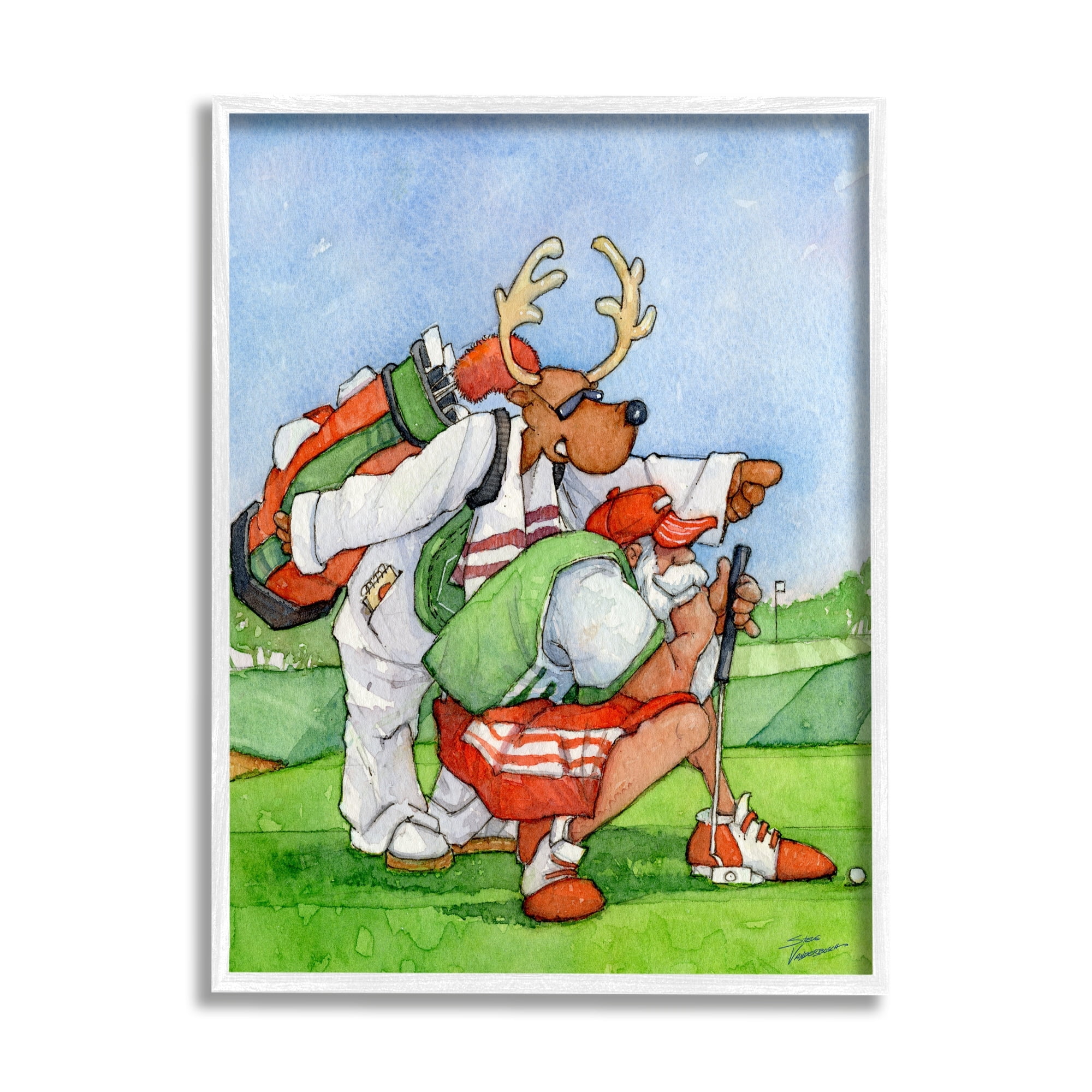 Santa Claus Off Duty Silly Reindeer Golfing Animals & Insects Painting Framed Art Print Wall Art