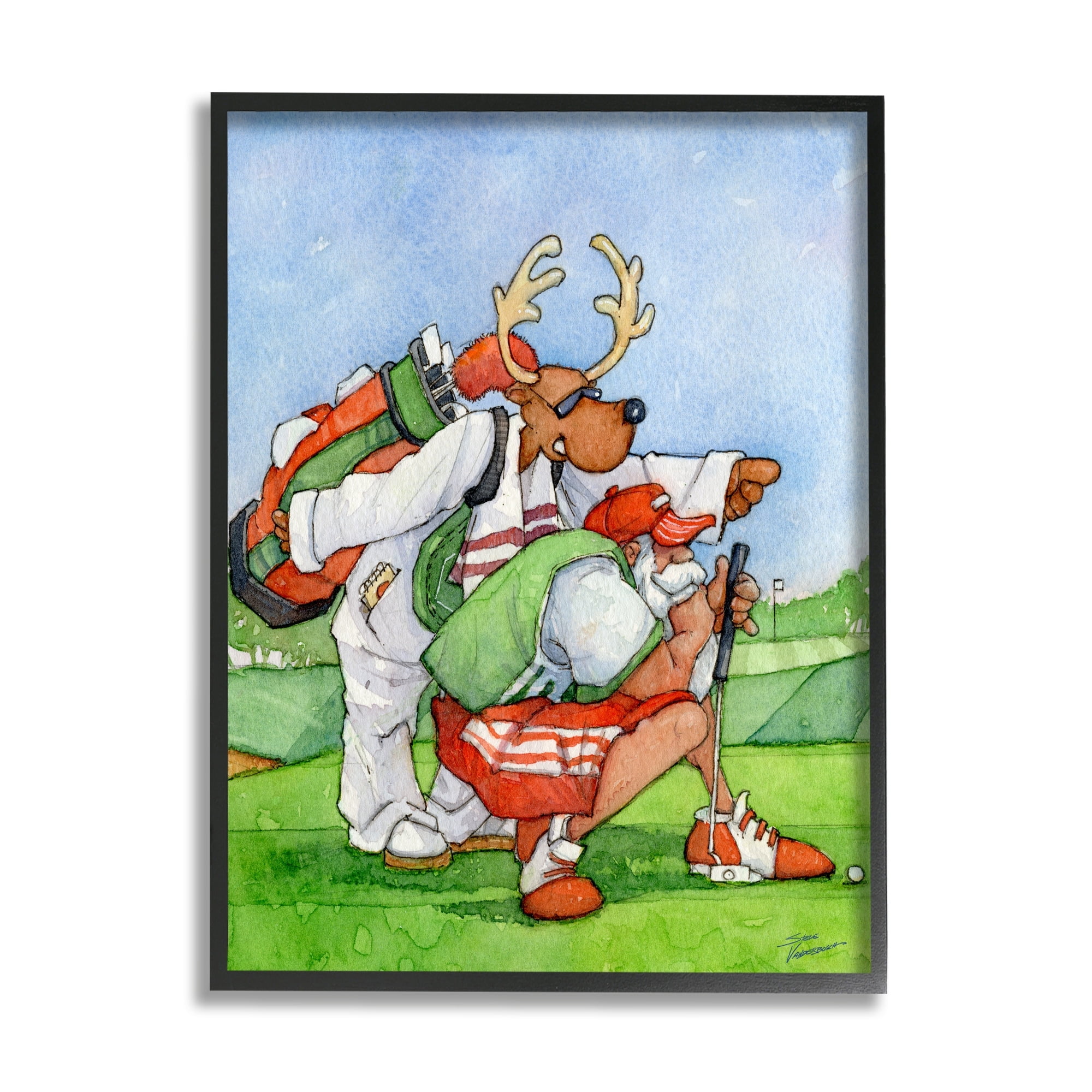 Santa Claus Off Duty Silly Reindeer Golfing Animals & Insects Painting Framed Art Print Wall Art