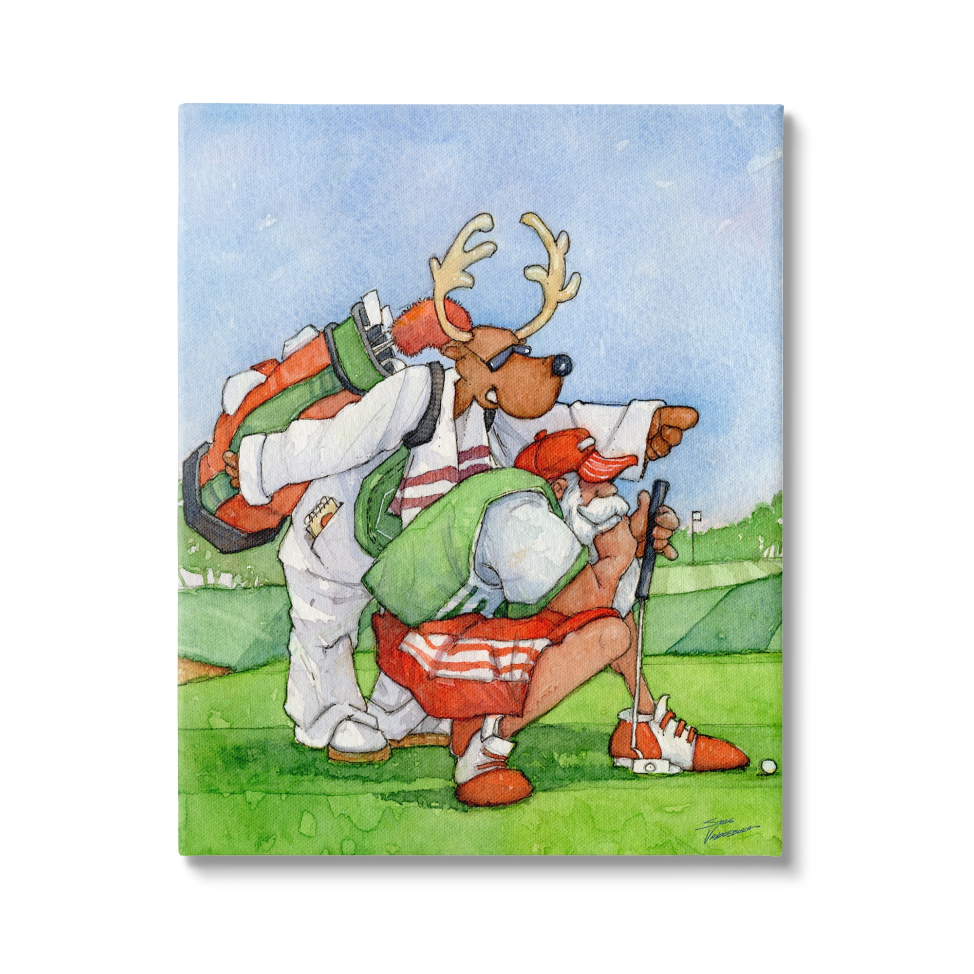 Santa Claus Off Duty Silly Reindeer Golfing Animals & Insects Painting Gallery-Wrapped Canvas Print Wall Art