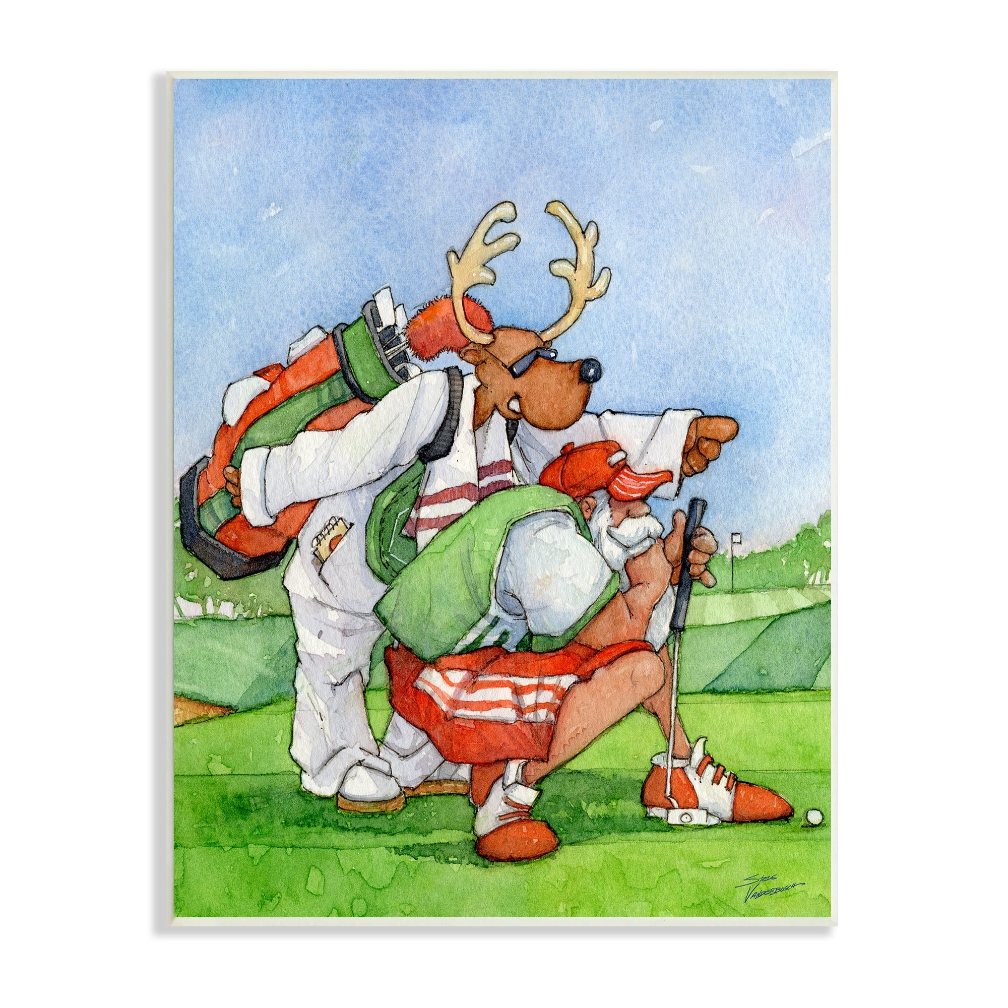 Santa Claus Off Duty Silly Reindeer Golfing Animals & Insects Painting Unframed Art Print Wall Art