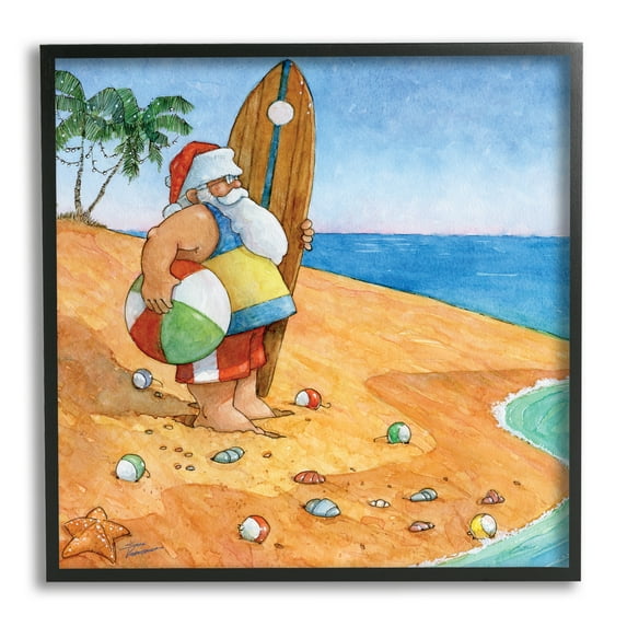 Santa Claus On Beach Surf Board Tropical Christmas Holiday Painting Framed Art Print Wall Art