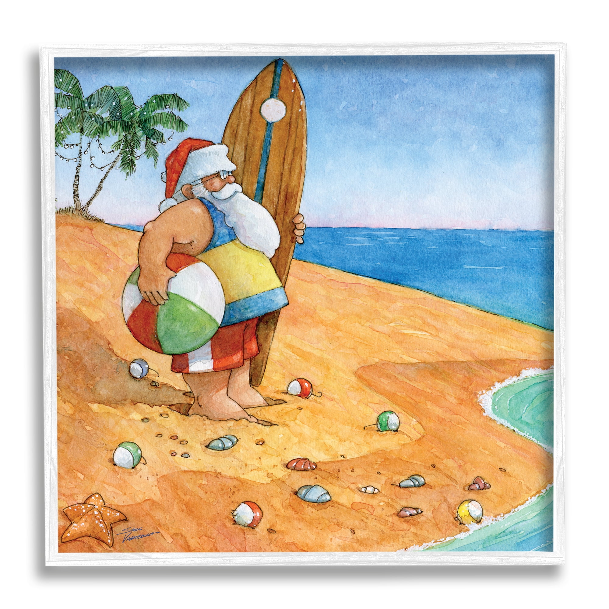 Santa Claus On Beach Surf Board Tropical Christmas Holiday Painting Framed Art Print Wall Art