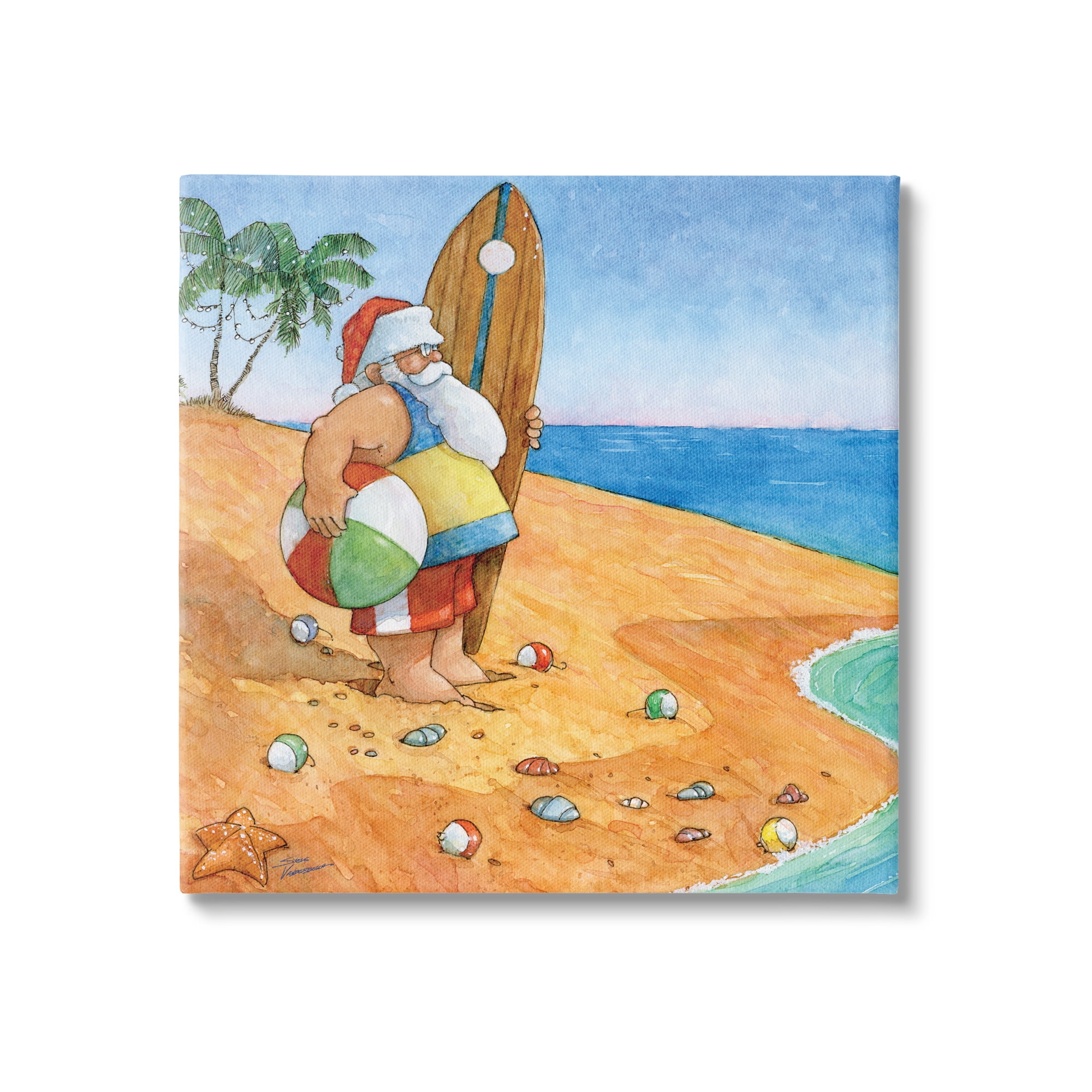 Santa Claus On Beach Surf Board Tropical Christmas Holiday Painting Gallery-Wrapped Canvas Print Wall Art