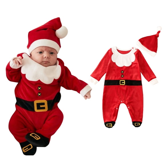 Santa Claus Outfit for Baby Boy Long Sleeve Santa Bodysuit Hat Set Party Dress Toddler Boy Christmas Outfit 3-6 Months