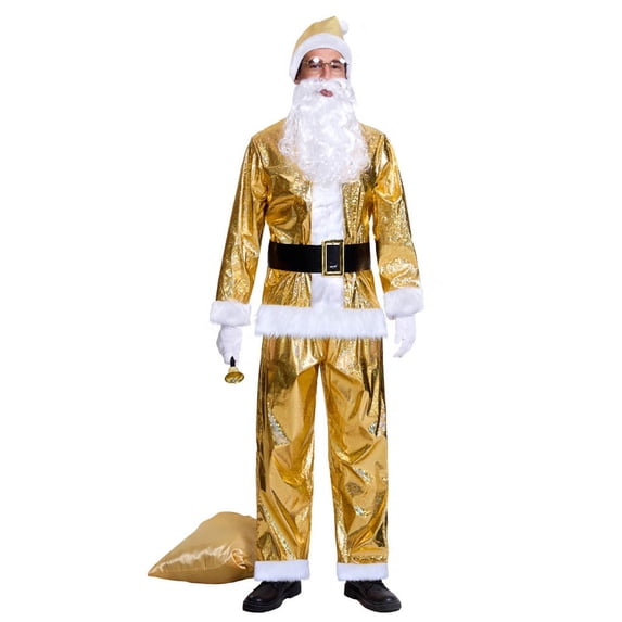 Santa Suit Men Adult Santa Suit Gold Top and Pants 6PCS Outfit Set Christmas Mens Suit Party Suit L