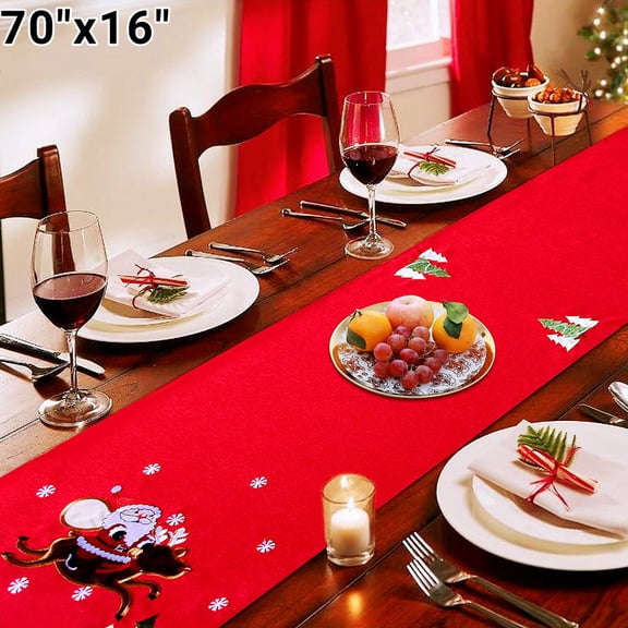 Santa Claus Pattern Christmas Table Runner, 70x16 Inch Festive Dining Table Decor for Holiday Party Supplies, Embroidered Polyester Fabric
