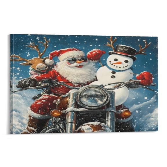 Santa Claus And Reindeer Riding Motorcycle Bathroom Wall Art Winter Holiday Decor&nbsp; Canvas Prints Wall Art Modern Pictures Artwork for Bedroom Kids Room Canvas Print 08x12inch Framed