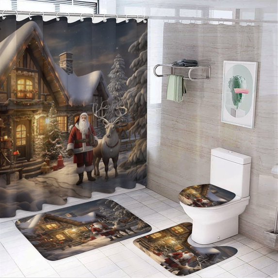 Santa Claus Reindeer Vintage 4PCS Shower Curtain Sets with Rugs with Non-Slip Bath Mat Toilet Rug，72" X 72"
