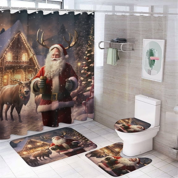 Santa Claus Reindeer Vintage 4Pcs Shower Curtain Set Shower Curtain Set with Carpet Bath Mat