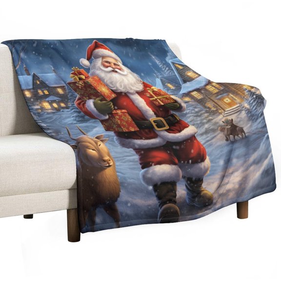 Santa Claus Reindeer Vintage Flannel Throw Blanket for Gifts for Women Men Girls Boys All Seasons