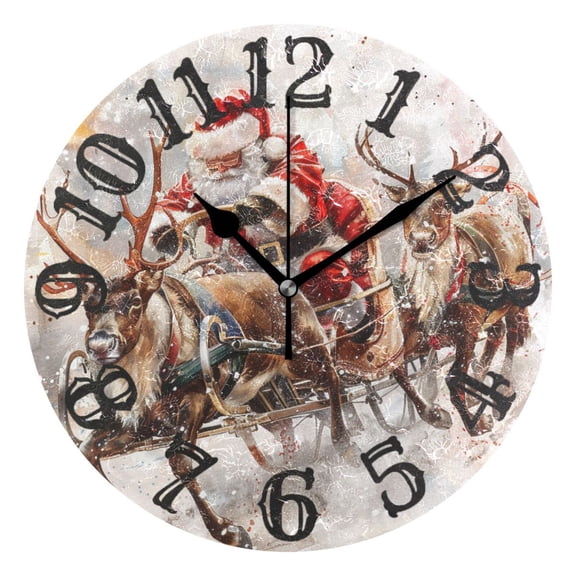 Santa Claus Reindeer Wall Clock 10 inch Non-Ticking Easy to Read Decorative Clocks for Home Bedroom Living Room