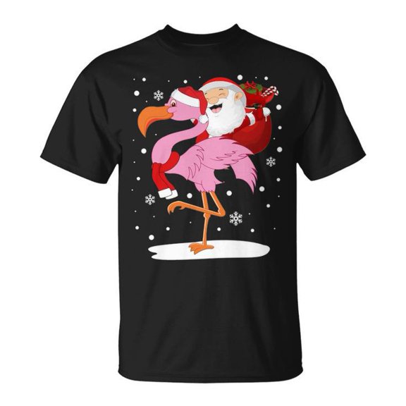Santa Claus Riding Flamingo Cotton Tee for Adults – Unisex Funny Christmas Graphic T-Shirt with Holiday Print, Soft Comfortable Fabric for Casual Wear, Size 5XL, Color Black