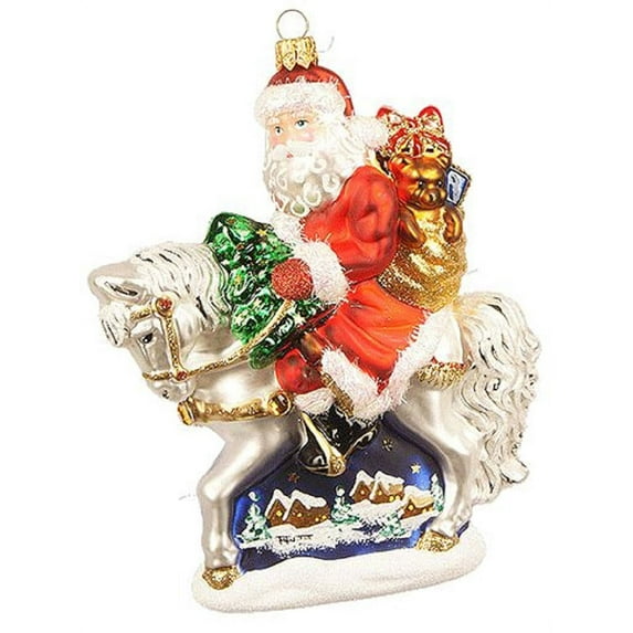 Santa Claus Riding Horse with Winter Scene Polish Glass Christmas Tree Ornament