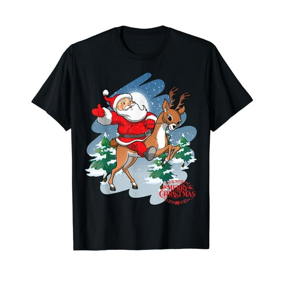 Santa Claus Riding Reindeer Merry Christmas Funny Cartoon T-Shirt
