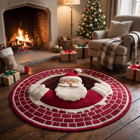 Santa Claus Round Christmas Rug, 40" x 40" Optical Brick Fireplace Hole Design Holiday Decorative Area Carpet, Rubber Backing, Soft Warm Fabric for Living Room