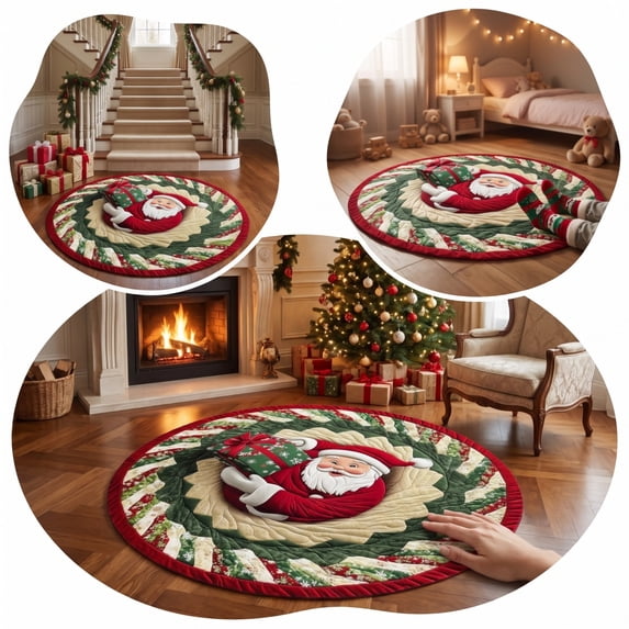 Santa Claus Round Christmas Rug, 40" x 40" Optical Brick Fireplace Hole Design Holiday Decorative Area Carpet, Rubber Backing, Soft Warm Fabric for Living Room