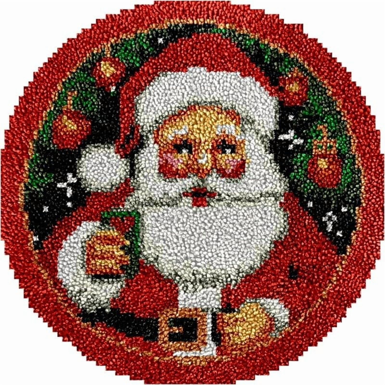 Santa Claus Round Shape Latch Hook Rug Kits Set for Starter Crochet Hook Cushion Mat Sofa Seat Cushion Crocheting Kits with Preprinted Canvas Crochet Yarn Kits 50X50cm (ui39)