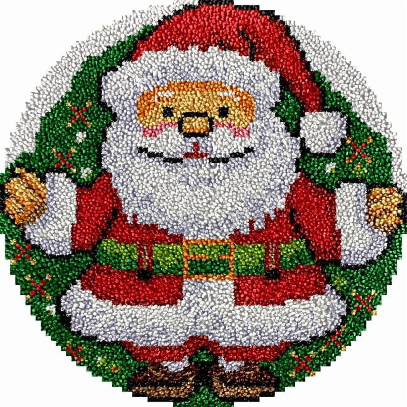 Santa Claus Round Shape Latch Hook Rug Kits Set for Starter Crochet Hook Cushion Mat Sofa Seat Cushion Crocheting Kits with Preprinted Canvas Crochet Yarn Kits 50X50cm (ui4)