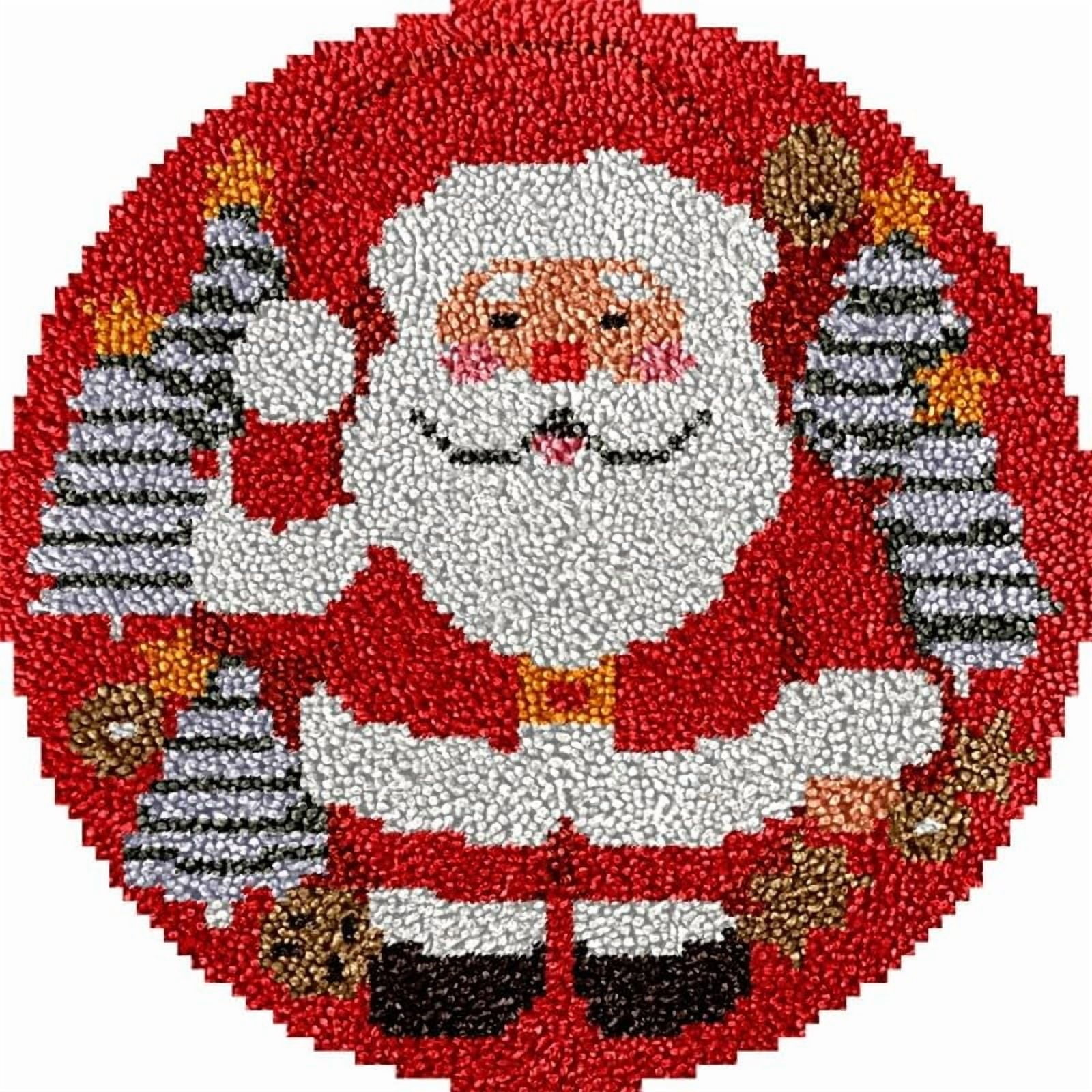 Santa Claus Round Shape Latch Hook Rug Kits Set for Starter Crochet Hook Cushion Mat Sofa Seat Cushion Crocheting Kits with Preprinted Canvas Crochet Yarn Kits 50X50cm (ui112)