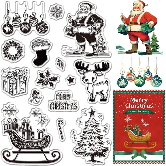 Santa Claus Silicone Clear Stamps Socks Sled Elk Holly Rubber Transparent Wreath Snowflake Pine Tree Snowmen Greeting Words