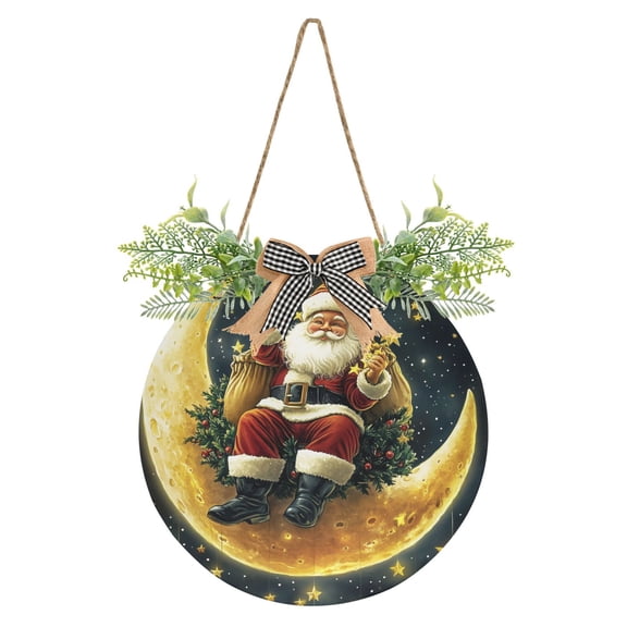 Santa Claus Sitting on The Moon Front Door Porch Decoration Hanging Sign with Artificial Green Plants and Bow for Home Outdoor Indoor