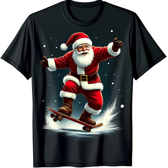 Santa Claus Skateboarding Graphic Black T-Shirt Fun Holiday