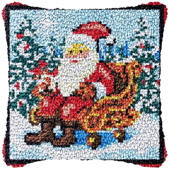 Santa Claus Sleigh Latch Hook Kits Pillow DIY Rug Cushion Making Kits with preprinted Pattern Canvas Instruction Yarns and Latch Hooking Pillow Cover Easy to Start DIY Home Decor Kits 43x43cm