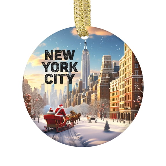 Santa Claus Sleigh NY, New York City Empire State Building Skyline NYC Manhattan USA Travel Memory Souvenir Landmark Vacation Keepsake Ceramic Christmas Ornament Xmas Holiday Tree Gift