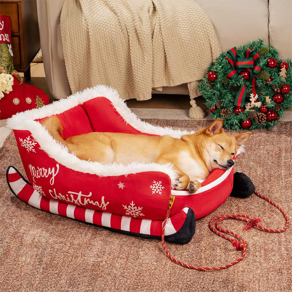 Santa Claus Sleigh Style Dog Bed, Christmas Paws Holiday Pet Bed with Non Slip Base, Calming Dogs Beds, Dogs Sleigh Beds Washable Long-Lasting