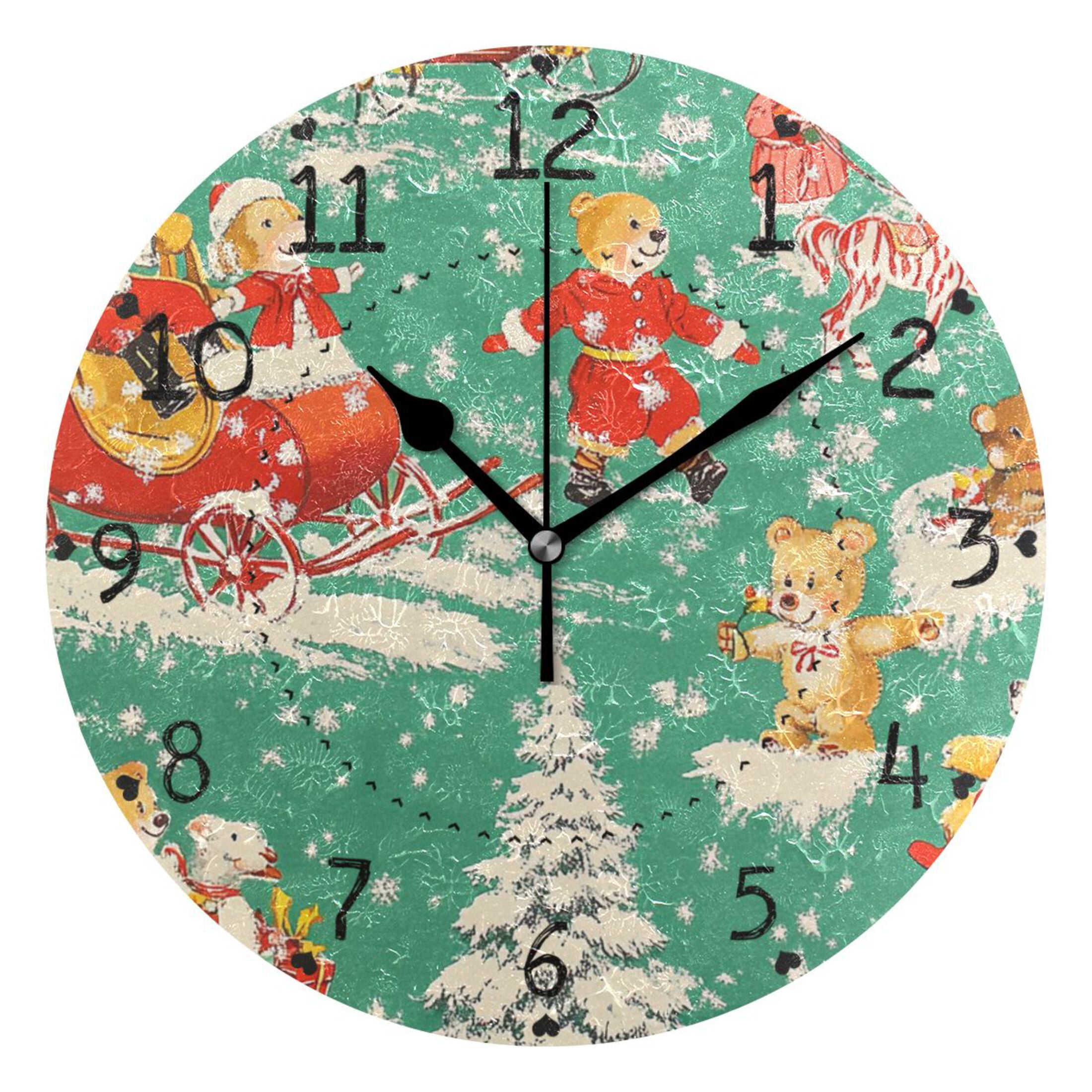 Santa Claus Sleigh and Bear Round Wall Clock Silent Battery Operated ...