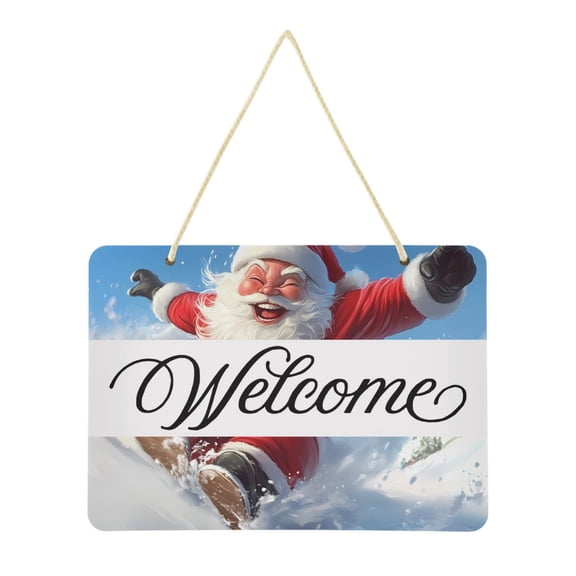 Santa Claus Slide Snow Welcome Sign Front Door PVC 14x10 inch Hanger Hello Sign Farmhouse Wall Porch Home Outside Decor