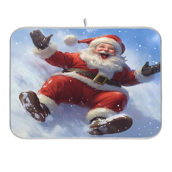 Santa Claus Slide Snowy Hill Dish Drying Mat 16x18 Absorbent Microfiber Draining Rack Pad for Kitchen Counter Sink