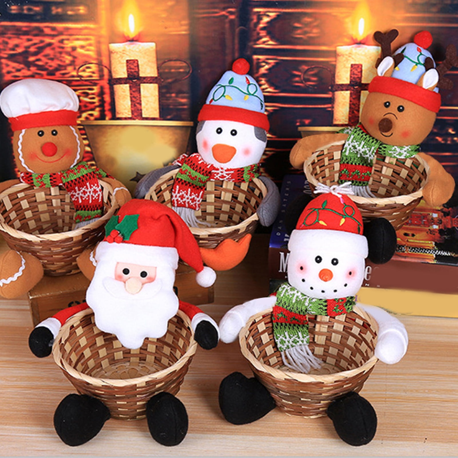 Santa Claus Snowman Candy Storage Bamboo Basket Christmas Gift Desktop