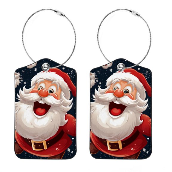 Santa Claus Square PU Leather 2 Pack Travel Tag - Bag Tag - Suitcase Tag with Privacy Cover and Stainless Steel Ring - Suitable for Travel, Backpack, and Handbag