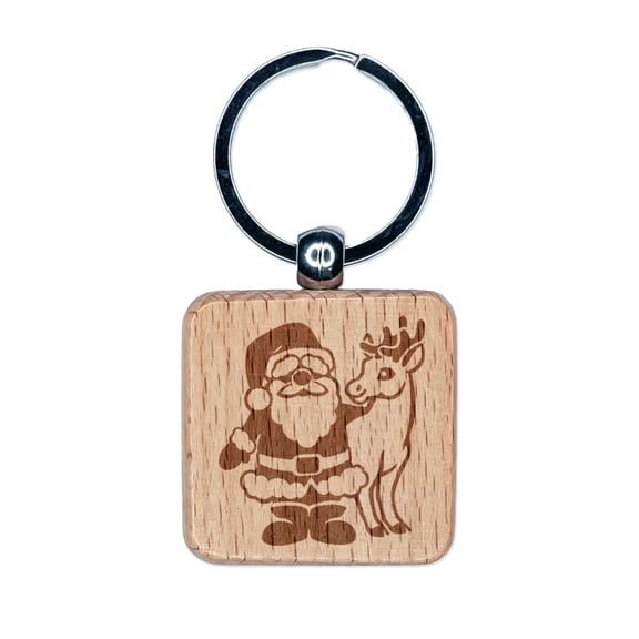Santa Claus Standing with Reindeer Christmas Square Keychain Charm Tag - Engraved Wood