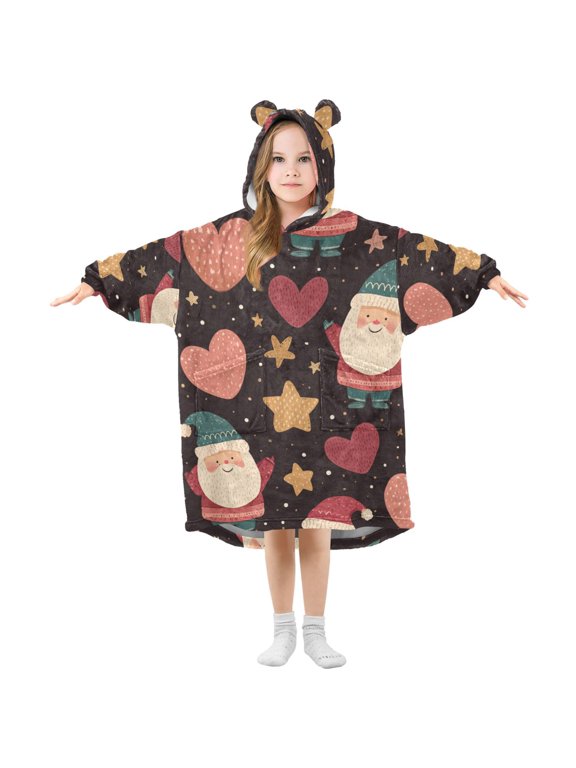 Santa Claus Stars Hearts Christmas Cute Flannel Wearable Blankets Hooded Design Long Sleeves Wrap Unisex for 3T-14Y S