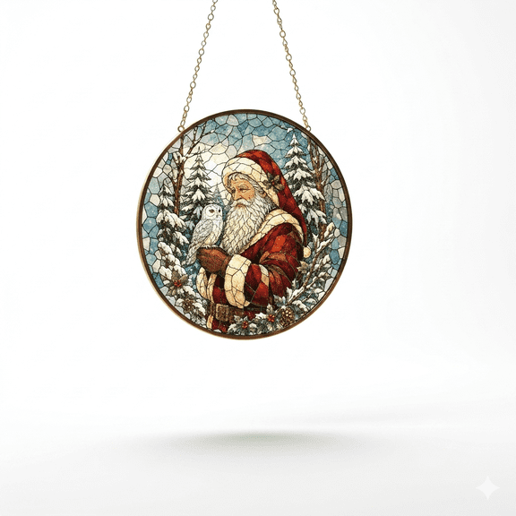 Santa Claus Sun Catcher, Snowy Owl Round Sun Catcher Ornament - Christmas Holiday Window Hanging Wall Decor