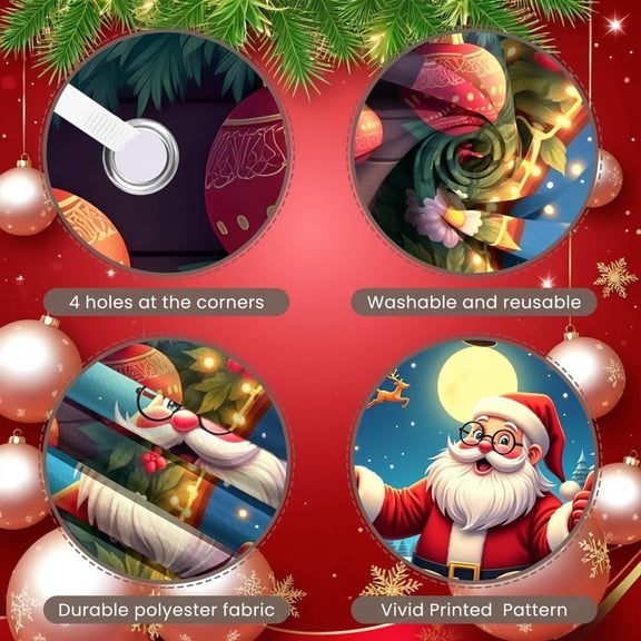 Santa Claus Theme Christmas Banner Christmas Wreath Design Holiday Banner LED String Lights Red Ornaments Christmas Decoration Banner for Christmas Party Holiday Celebration Indoor Decoration