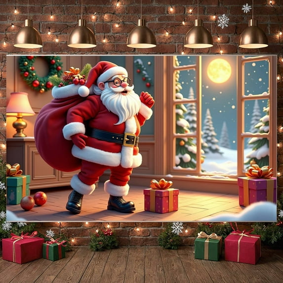 Santa Claus Theme Christmas Banner Red Green Color Xmas Backdrop Gift Decorated Snowy Scene Holiday Background for Christmas Party Home Decoration Photo Shoot