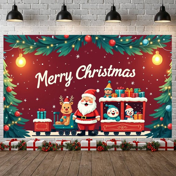 Santa Claus Theme Christmas Banner Reindeer Design Xmas Display Snowman Pattern Gift Box Decor Festive Backdrop for Christmas Party Holiday Decoration Family Reunion