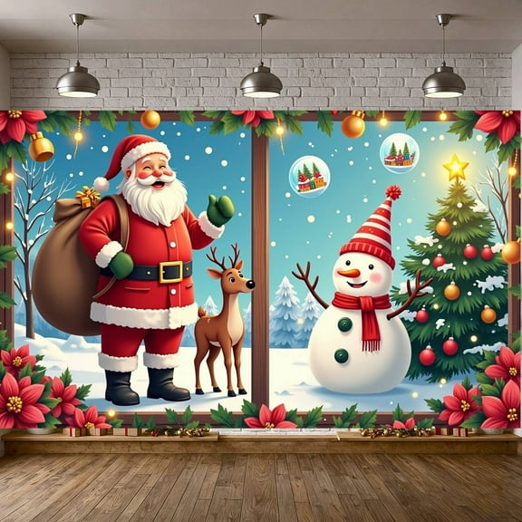Santa Claus Theme Christmas Banner Snowman Design Santa Backdrop Reindeer Pattern Christmas Tree Decor Snowman Background for Christmas Party Holiday Decoration Family Gathering