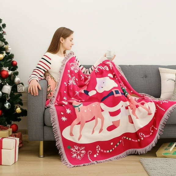 Santa Claus Throw Blanket, Soft Cotton Multipurpose Tapestry for Sofa Couch Nap, Holiday Decor for Home Office Car(Red)