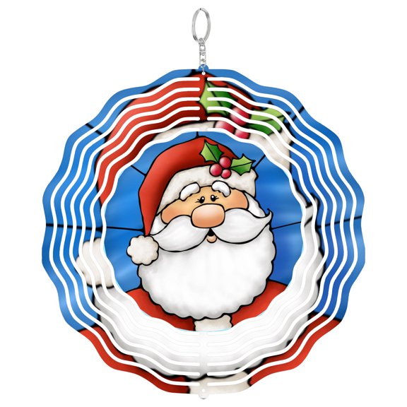 Santa Claus Traditional Art 3D Wind Spinner Kinetic Metal Hanging Classic Holiday Decor Round